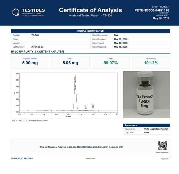 Certificate of Analysis, Thymosin Beta-4 fragment, lot AP-2606-03