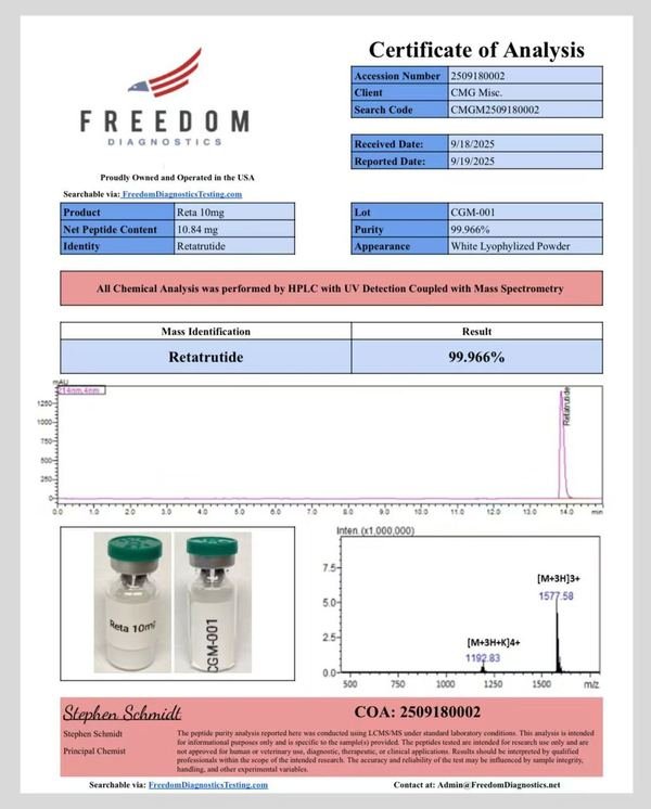 Certificate of Analysis, Retatrutide, lot CGM-003