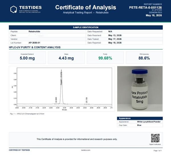 Certificate of Analysis, Retatrutide, lot AP-2606-01